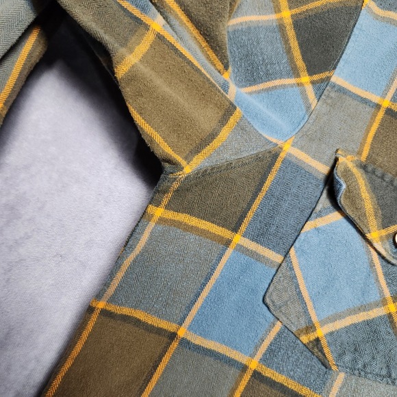 Fox Plaid Long Sleeve Flannel Shirt Mens Size L Blue Brown Gold - Picture 14 of 16